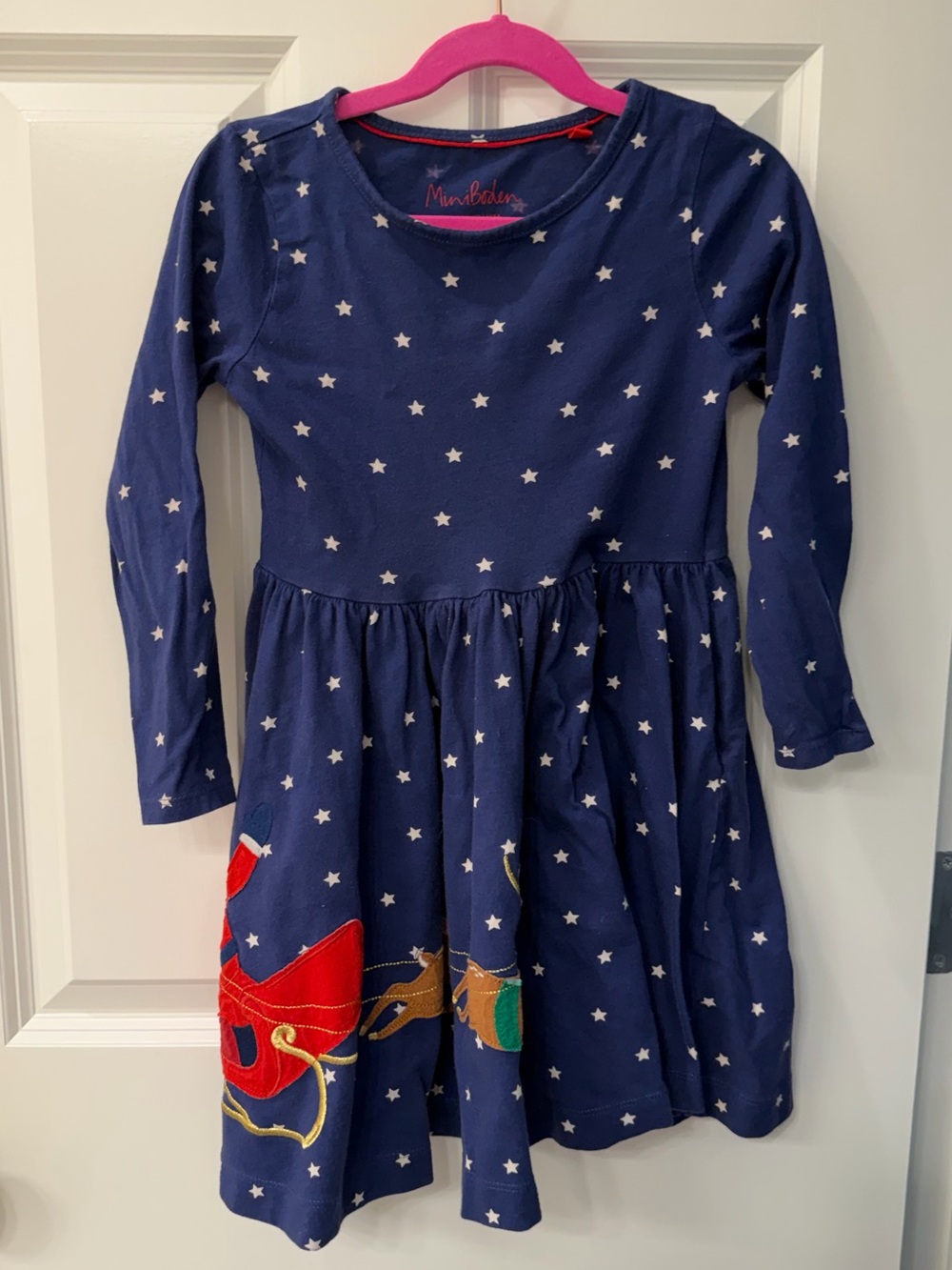 Mini Boden Navy Star Dress with Colorful Saint and Reindeer Appliqués